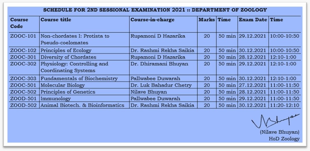 SCHEDULE FOR 2ND SESSIONAL EXAM 2021
