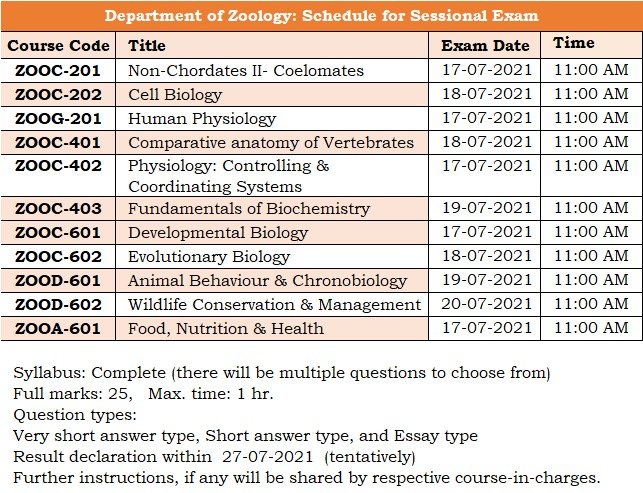 Schedule for Sessional Exam July 2021